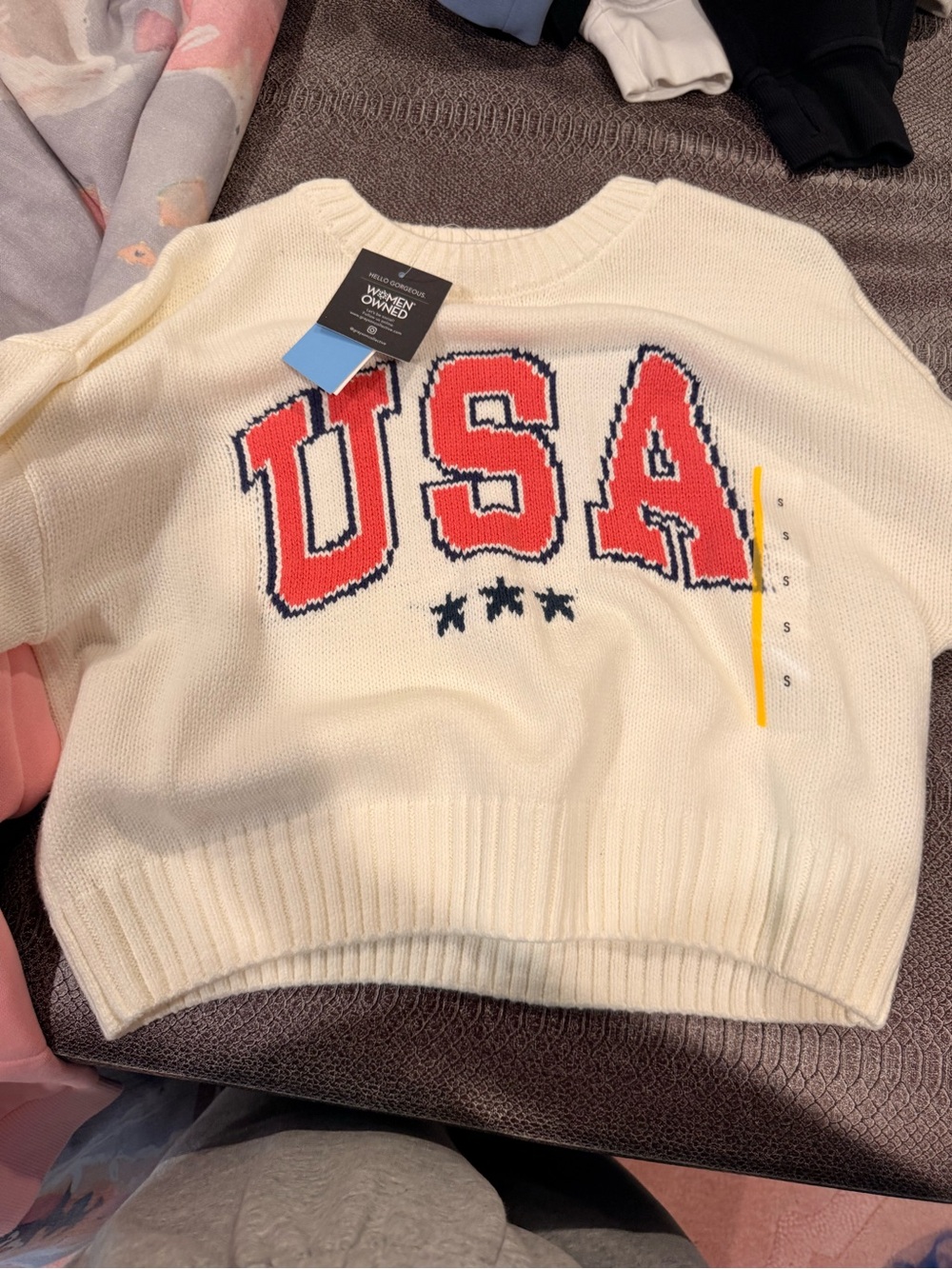 Grayson Threads Cream Crewneck Sweater with Red USA Lettering